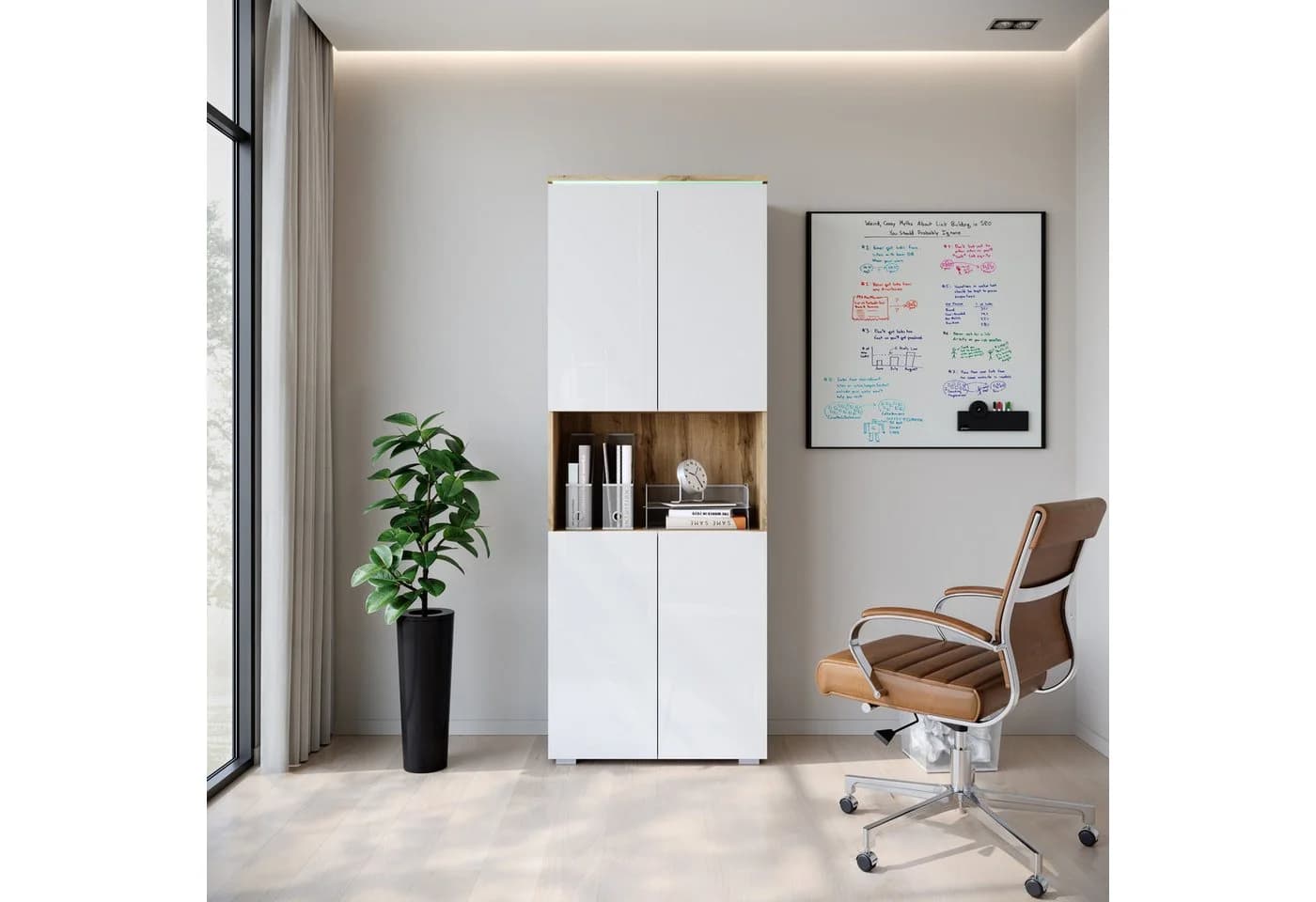 HOME AFFAIRE Aktenschrank Vera mit LED-Beleuchtung Weiß/Eiche - Bild 5