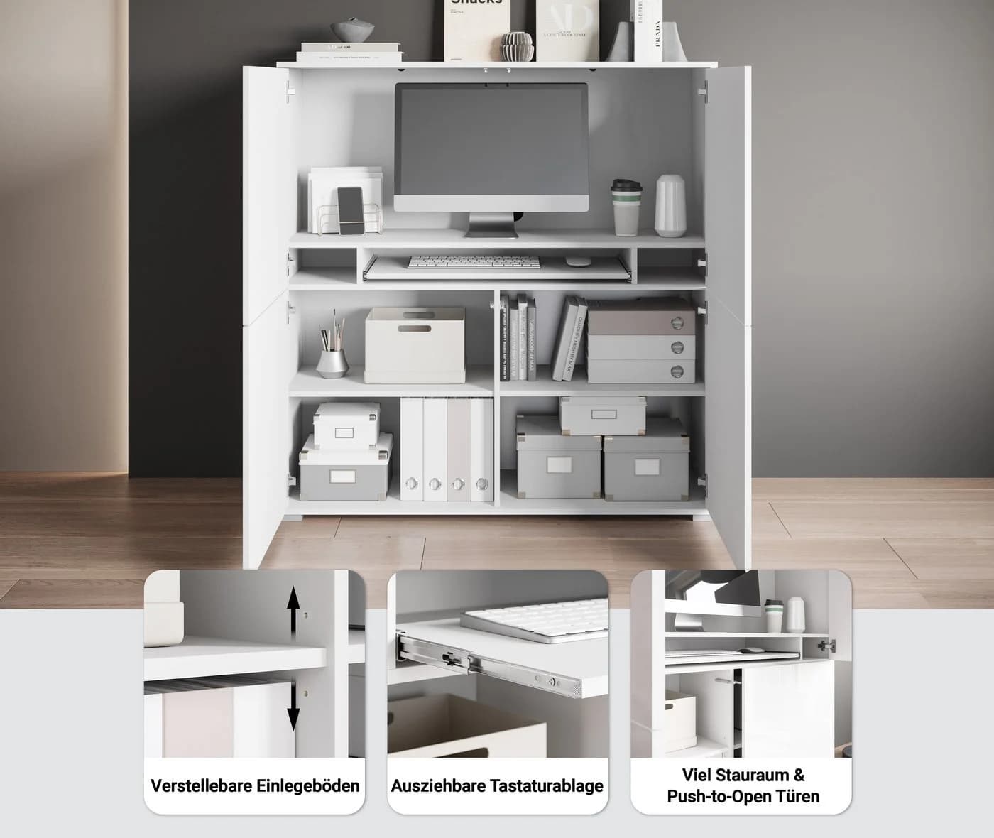 OTTO HOME Kenia PC-Schrank Weiß Hochglanz mit Tastaturauszug - Bild 3