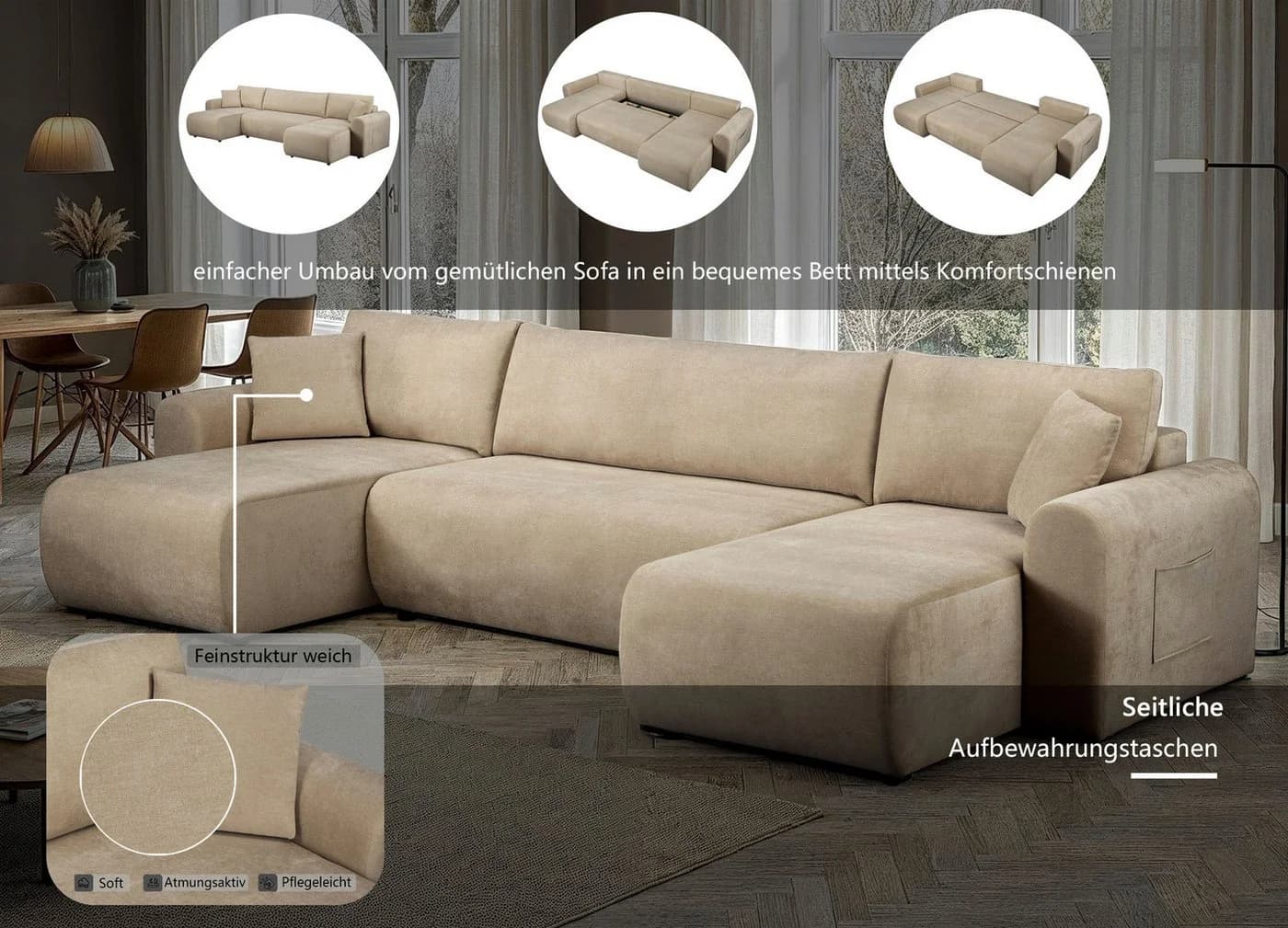 OTTO HOME Wohnlandschaft JONAA 311 cm U-Form Schlafsofa Boxspring Polsterung Beige - Bild 3