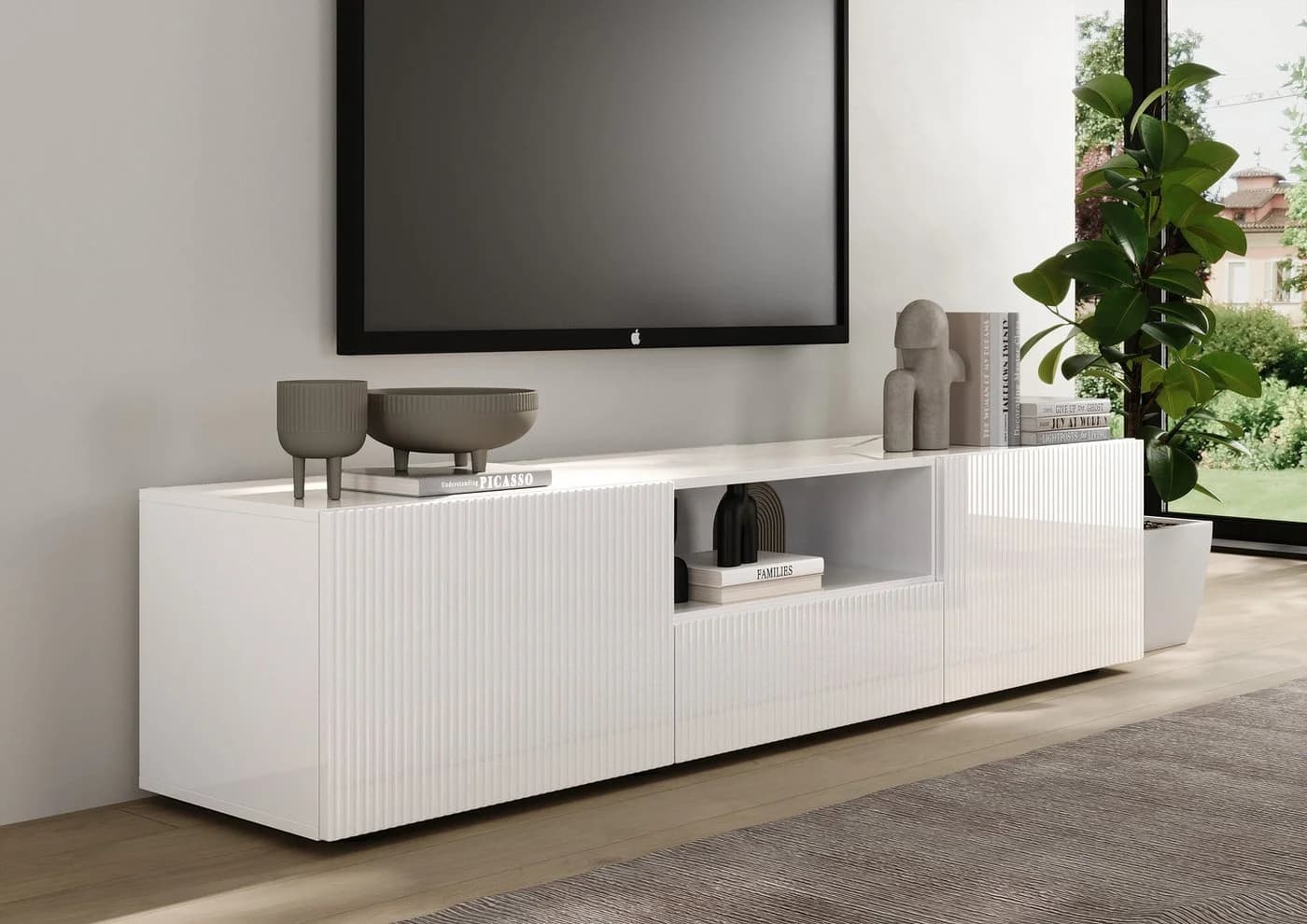 INOSIGN Lowboard Rio Breite 181 cm, TV-Board 2 Türen u. 1 Schubkasten, geriffelte MDF-Fronten, Kabelführung - Bild 4