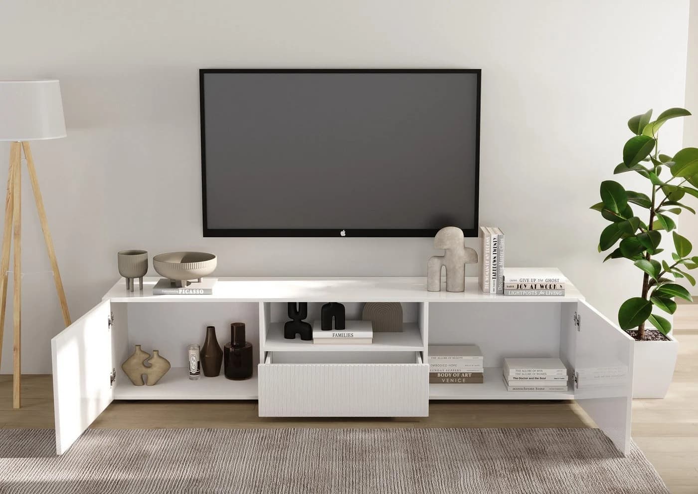 INOSIGN Lowboard Rio Breite 181 cm, TV-Board 2 Türen u. 1 Schubkasten, geriffelte MDF-Fronten, Kabelführung - Bild 5