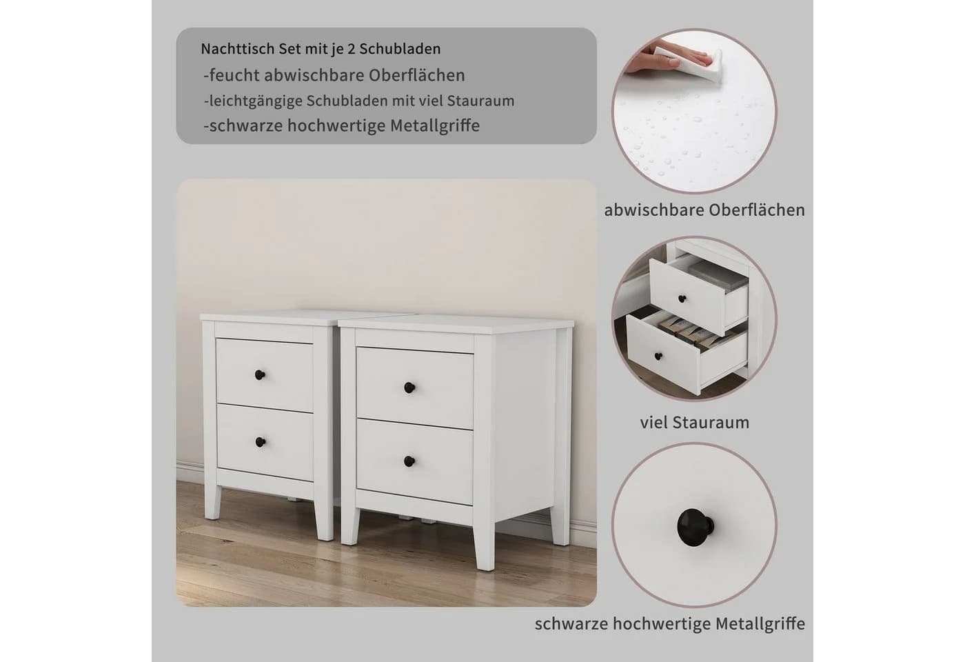 OTTO home Nachtkommode Borkum Nachttisch Set Weiß Landhaus Design - Bild 3