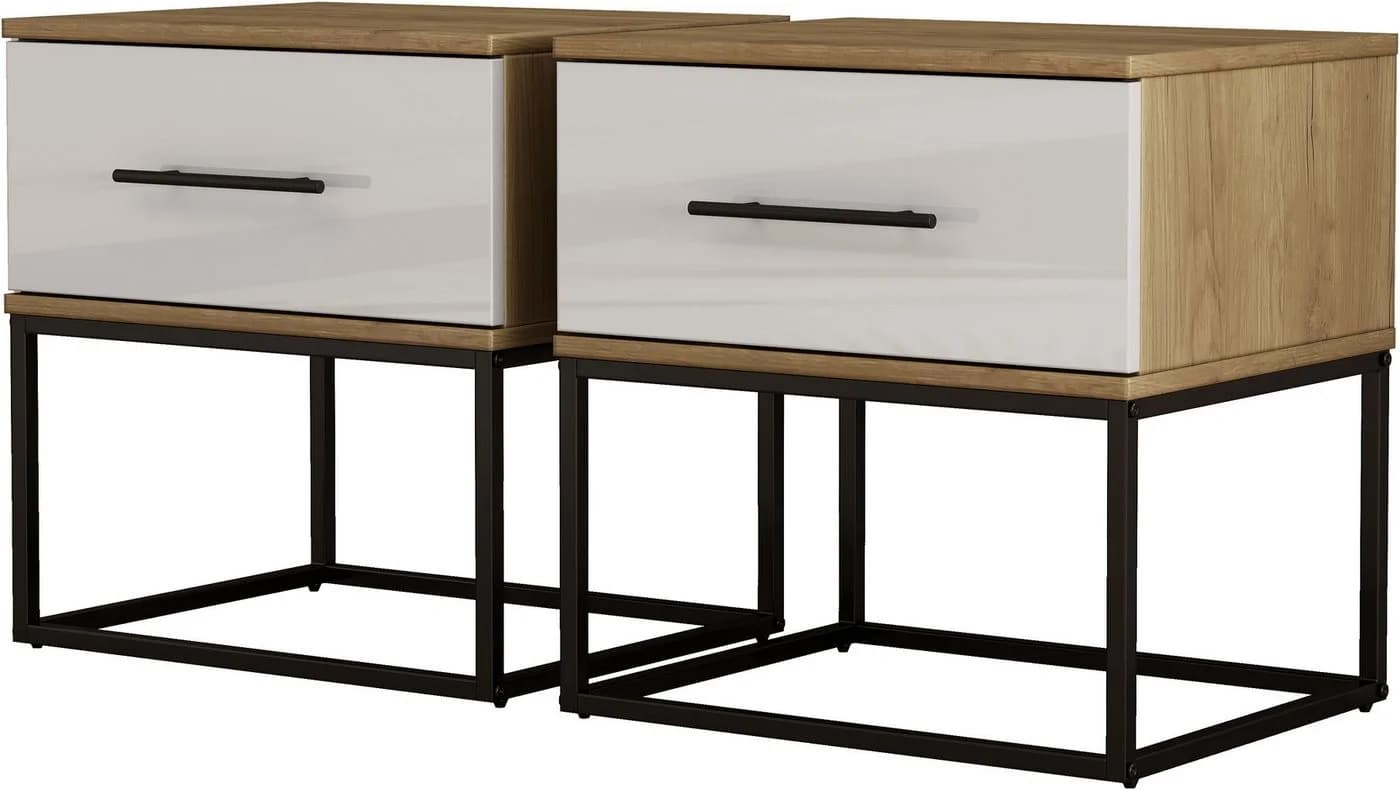OTTO home Nachtkommode Lucca Nachttisch Set mit Metallkufen und schwarzen Griffen