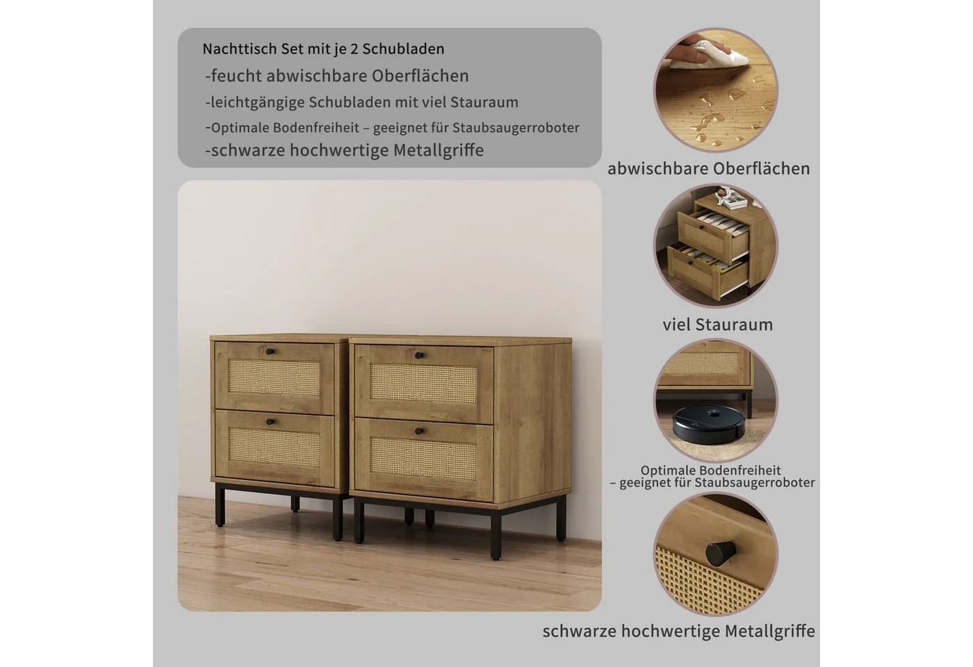 OTTO home Nachtkommode Motala Nachtschrank Set BOHO Style mit Geflecht Schubladen Bestseller - Bild 3