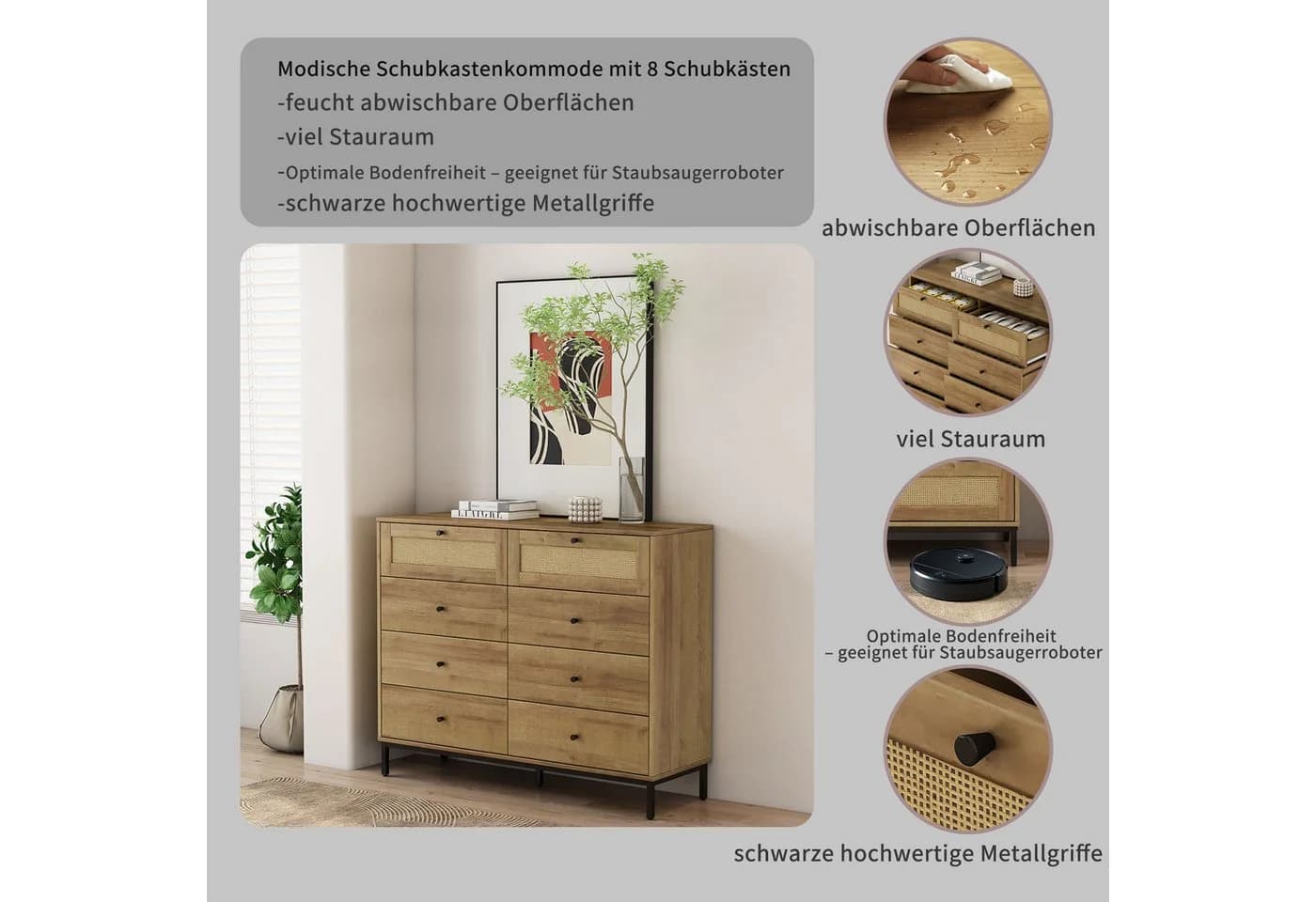 OTTO home Kombikommode Motala Wäsche Schrank 8 Schubladen BOHO Design - Bild 3