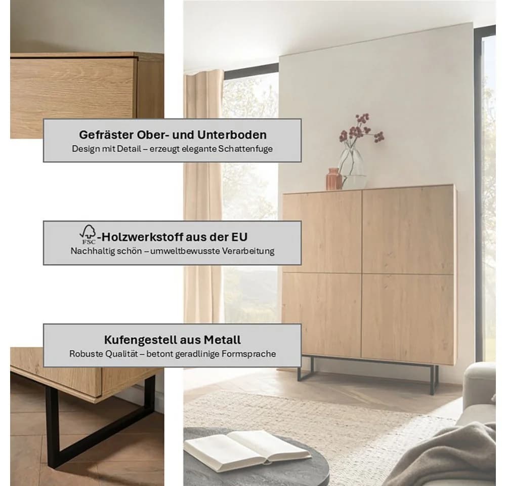 HOME AFFAIRE Highboard Lund Moderner Schrank Beige Stone Oak - Bild 4