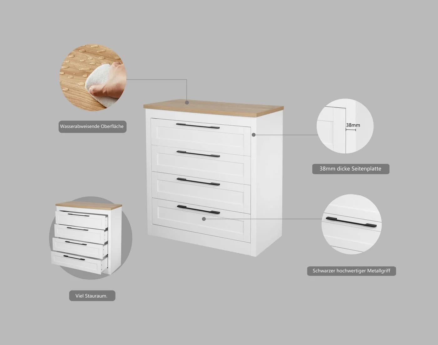 Schubkastenkommode Büsum Schlafzimmer Schrank Wäscheschrank Weiß Landhausstil - Bild 3