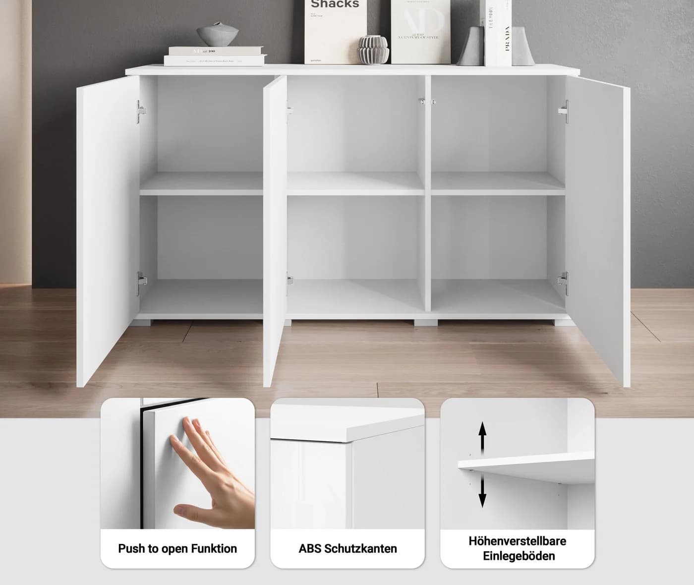 OTTO HOME Sideboard Kenia 120cm Grau Modern Push-to-Open - Bild 3