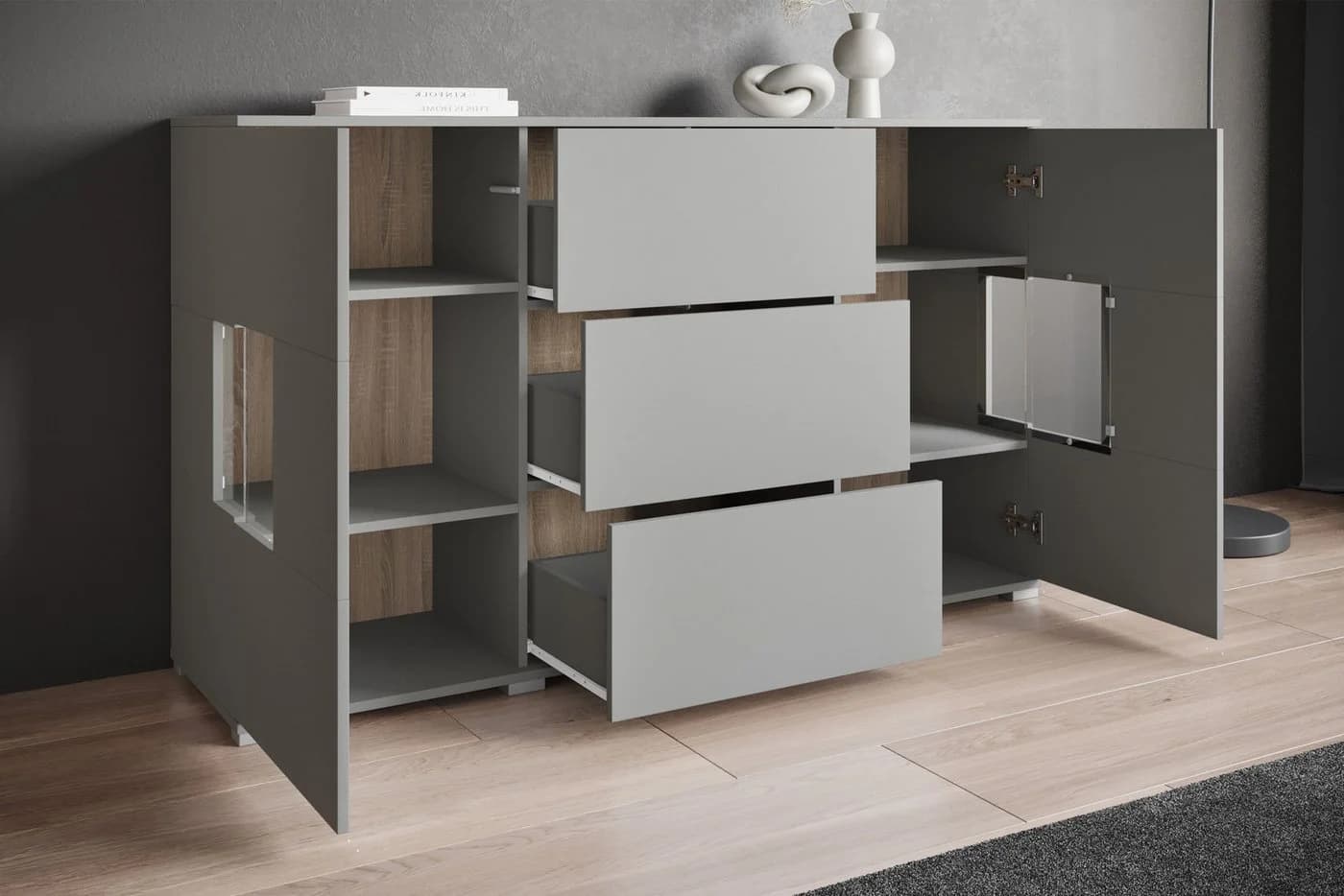 OTTO HOME Sideboard Kenia Grau mit Schubladen und Glastüren - Bild 5