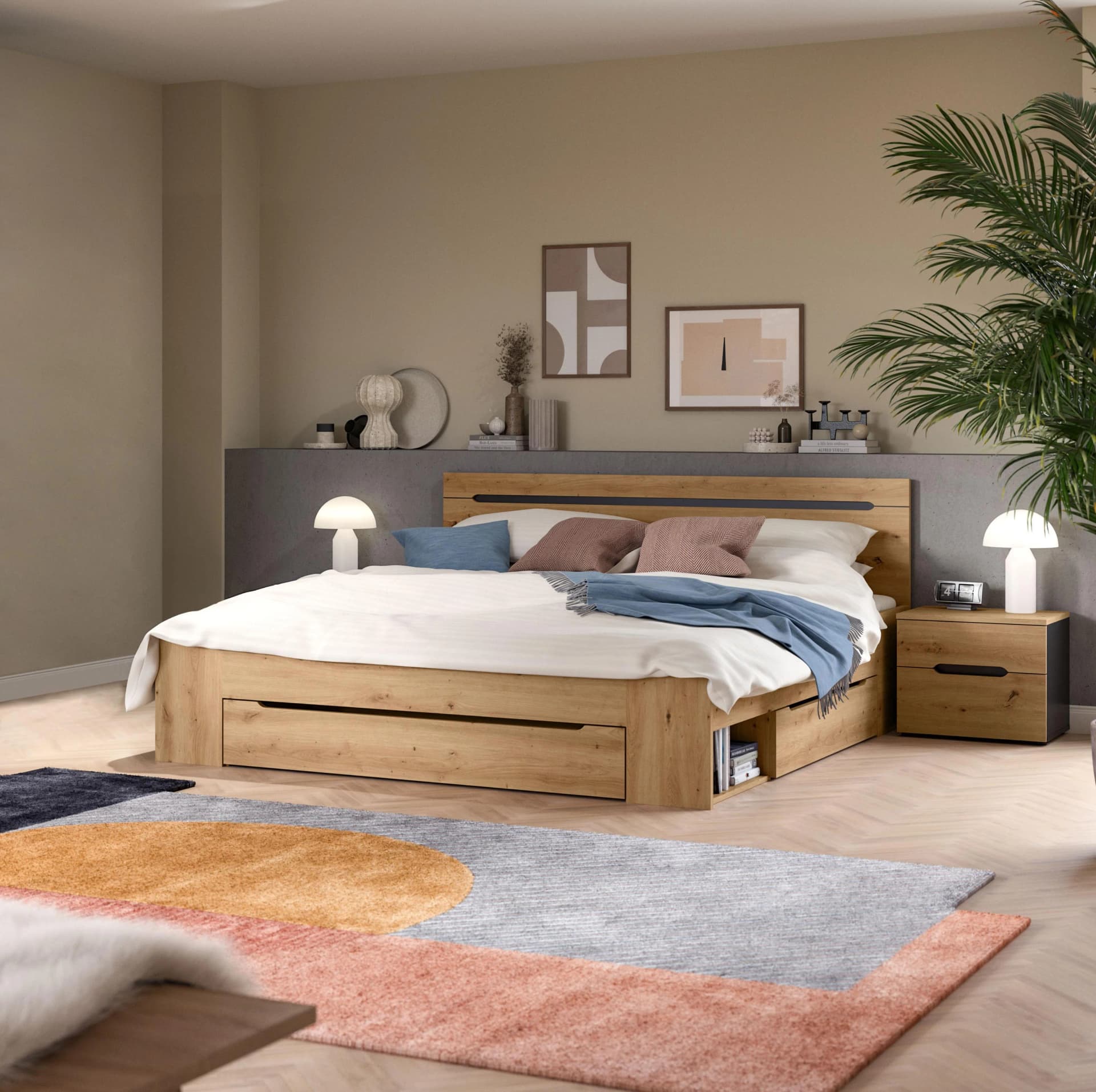 Home affaire Schlafzimmer-Set Rehat 3-teilig Stauraumbett 2x Nachtkommode