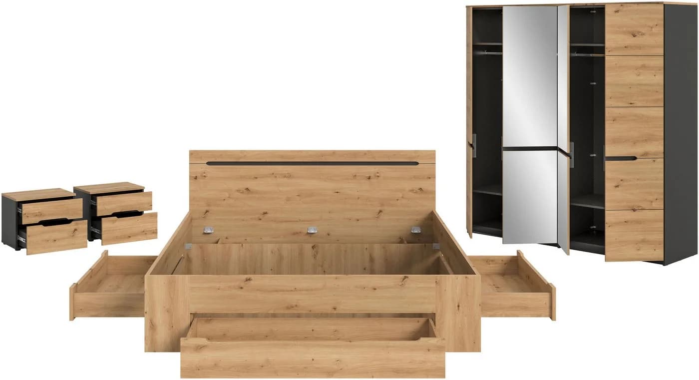 Home affaire Schlafzimmer-Set Rehat 4-teilig Bett 180x200 cm Nachttisch Kleiderschrank