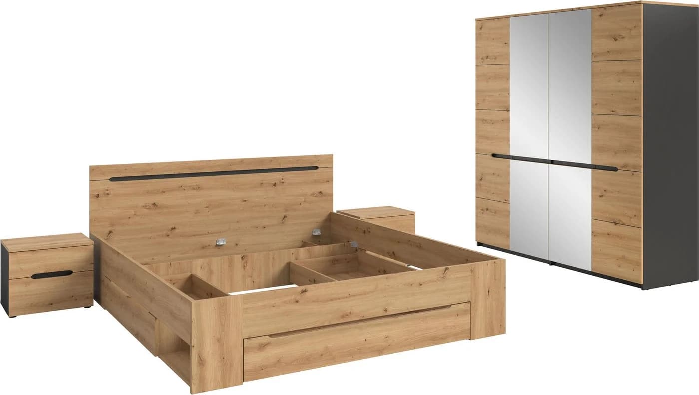 Home affaire Schlafzimmer-Set Rehat 4-teilig Bett 180x200 cm Nachttisch Kleiderschrank - Bild 3