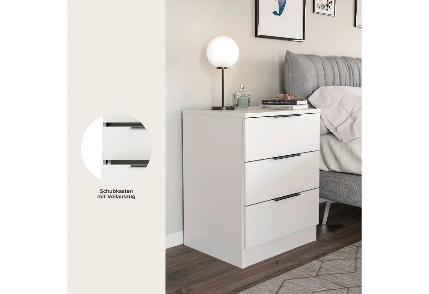 HOME AFFAIRE Skarde Nachtkommode Weiß 3 Schubladen - Bild 3