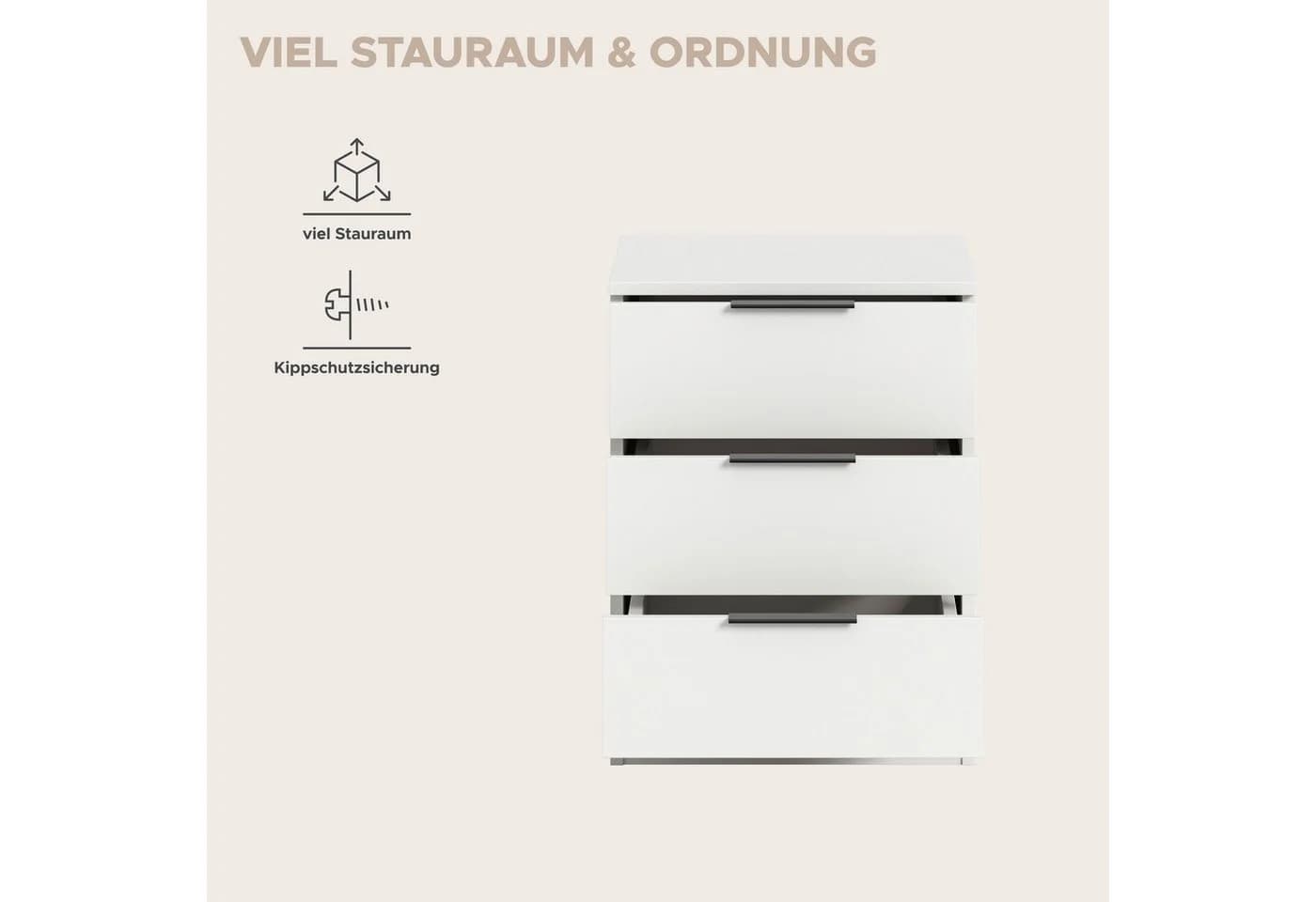 HOME AFFAIRE Skarde Nachtkommode Weiß 3 Schubladen - Bild 5