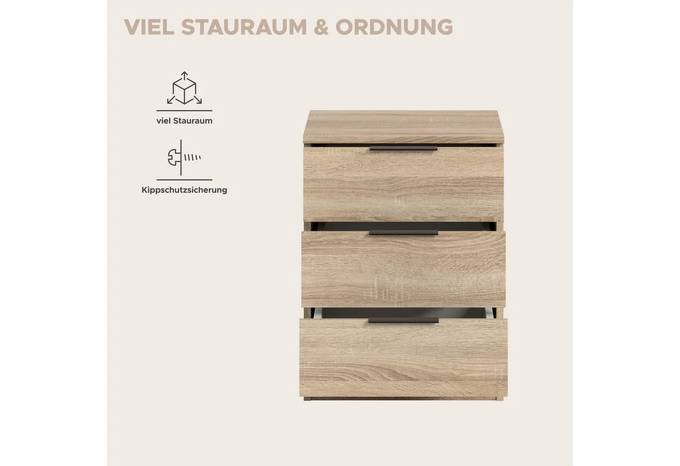 HOME AFFAIRE Skarde Nachtkommode 3 Schubladen Sonoma Eiche - Bild 5