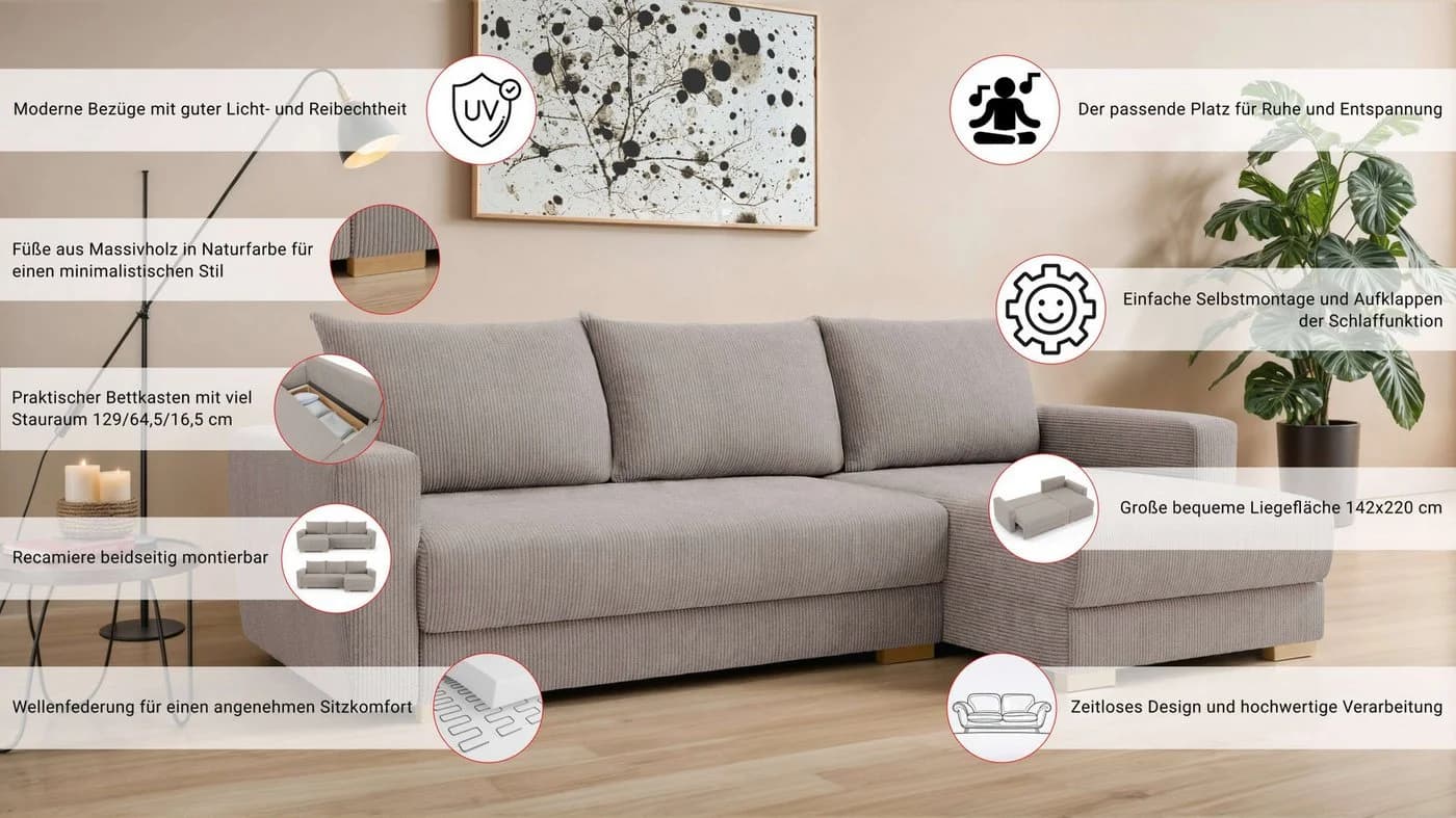 Ecksofa INOSIGN MAGHERA universell Schlafsofa mit Bettkasten, anthrazit, L-Form mit Recamiere - Bild 3