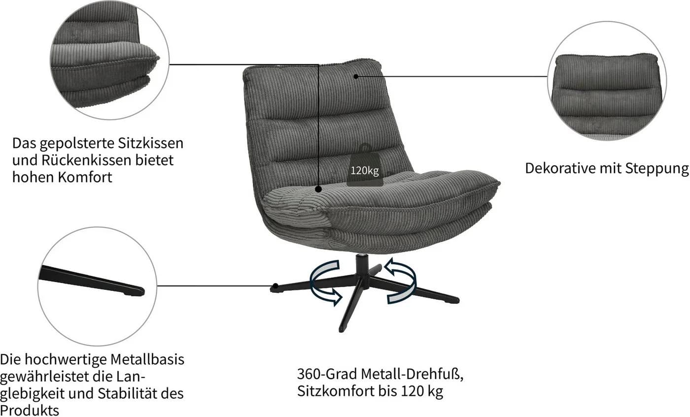 OTTO home Sessel AVAA, Loungesessel im soften Cord-Bezug, 360° Grad drehbar, Relax- und TV-Sessel - Bild 3