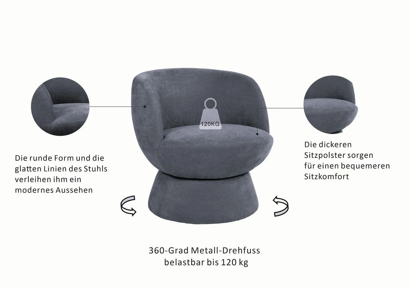 OTTO HOME Drehsessel ZAZZA Lese-Sessel, TV-Sessel, Loungesessel, 360° drehbar, feiner Struktur-Bezug - Bild 3