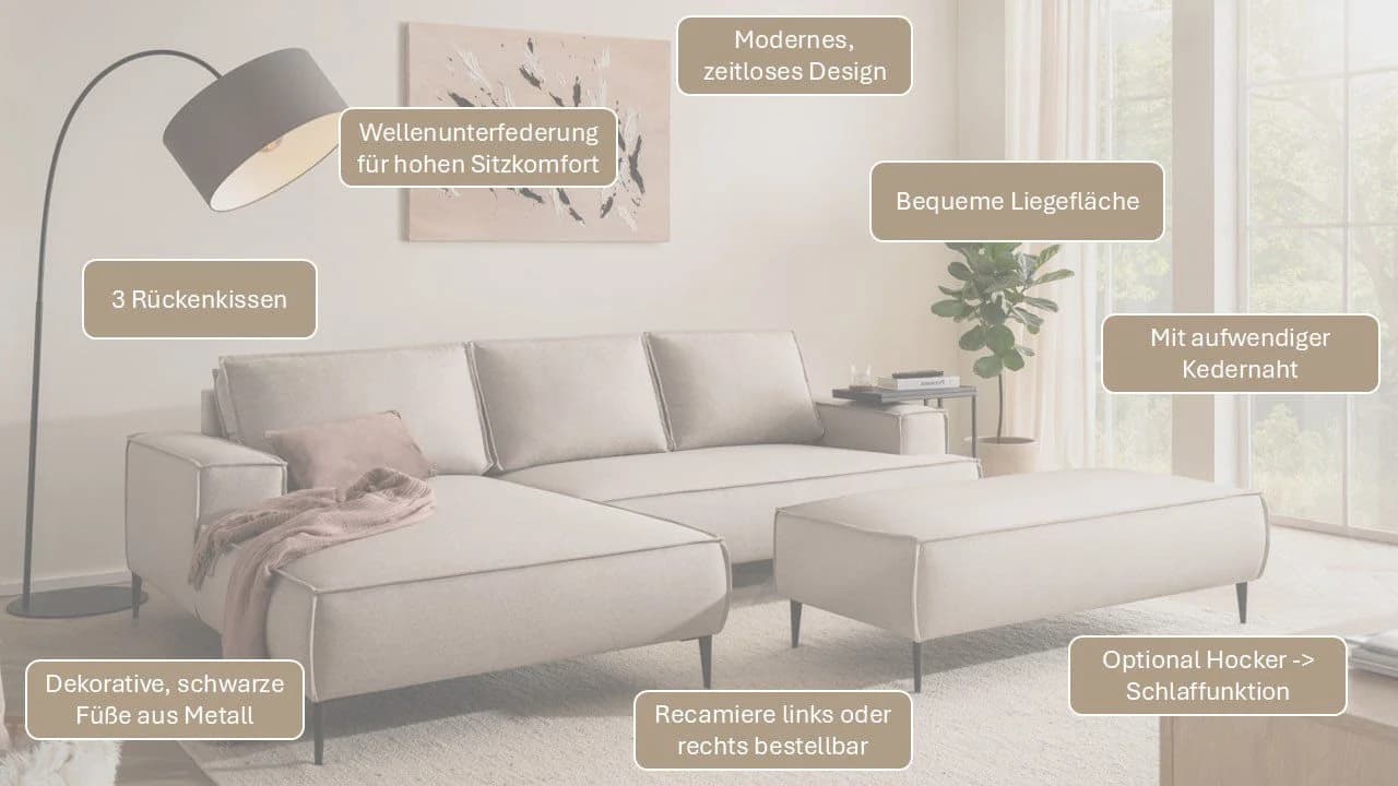 HOME AFFAIRE Ecksofa TVINNU L-Form Silbergrau Leinenoptik - Bild 3