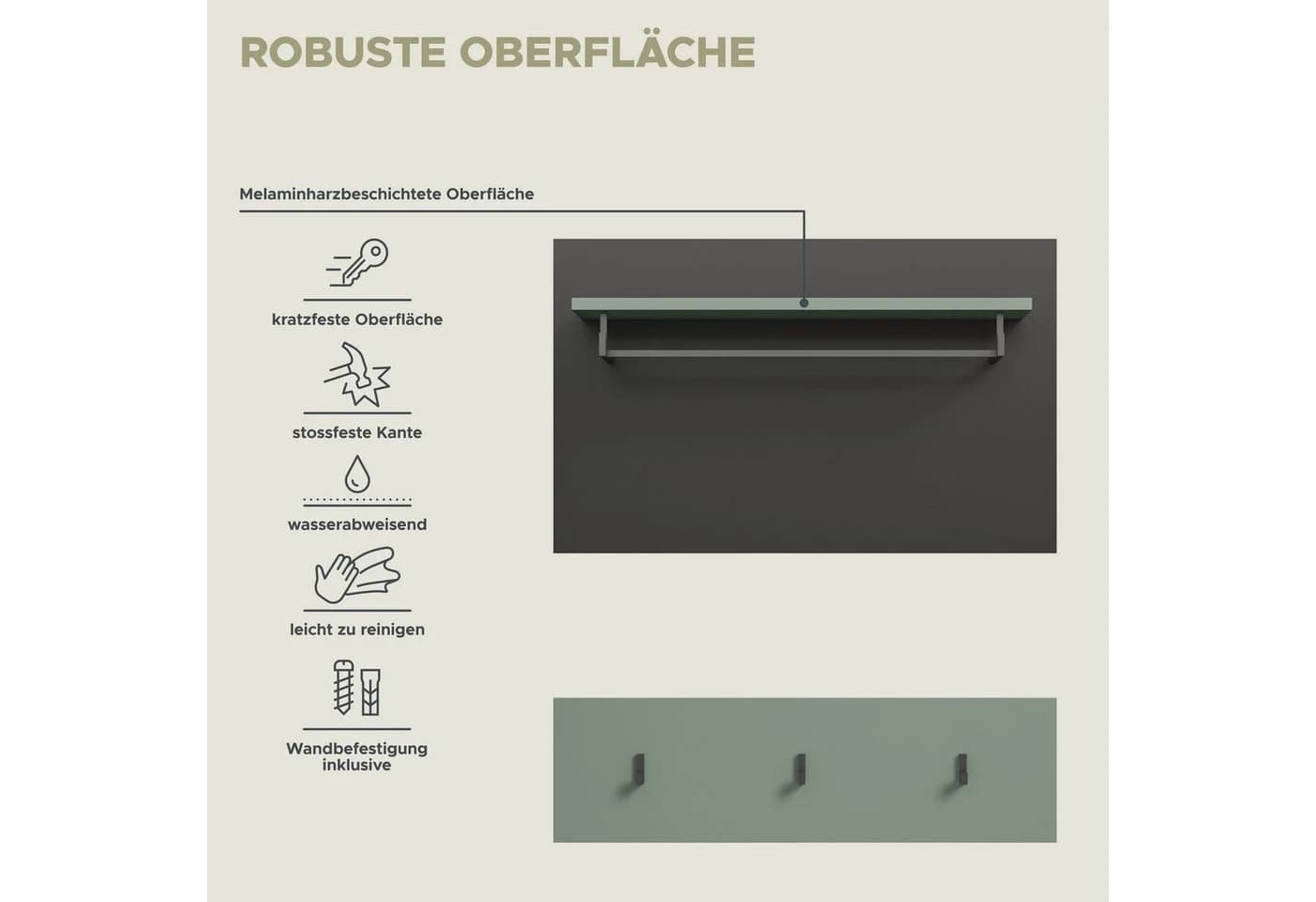HOME AFFAIRE Garderobenpaneel REHAT 2-teilig Grau Grün mit Hakenleiste - Bild 5