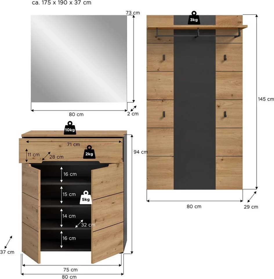 Garderoben-Set INOSIGN REHAT 3-teilig 175 cm Basalt grau NB Artisan NB - Bild 5