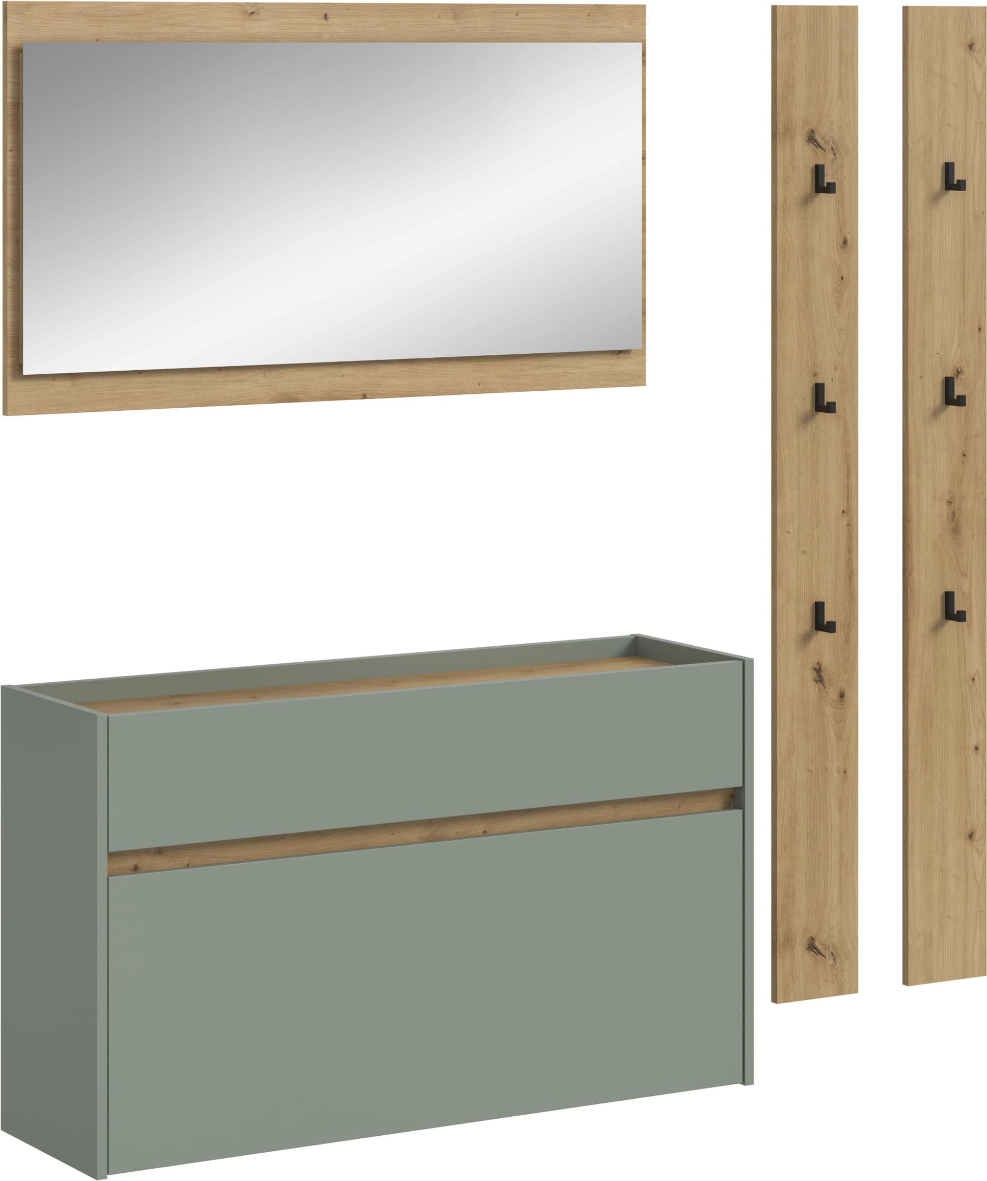 Garderoben-Set INOSIGN "EVRID" 4-teilig, Breite 172 cm, individuell hängbar & erweiterbar, Salbei NB, Artisan Oak NB