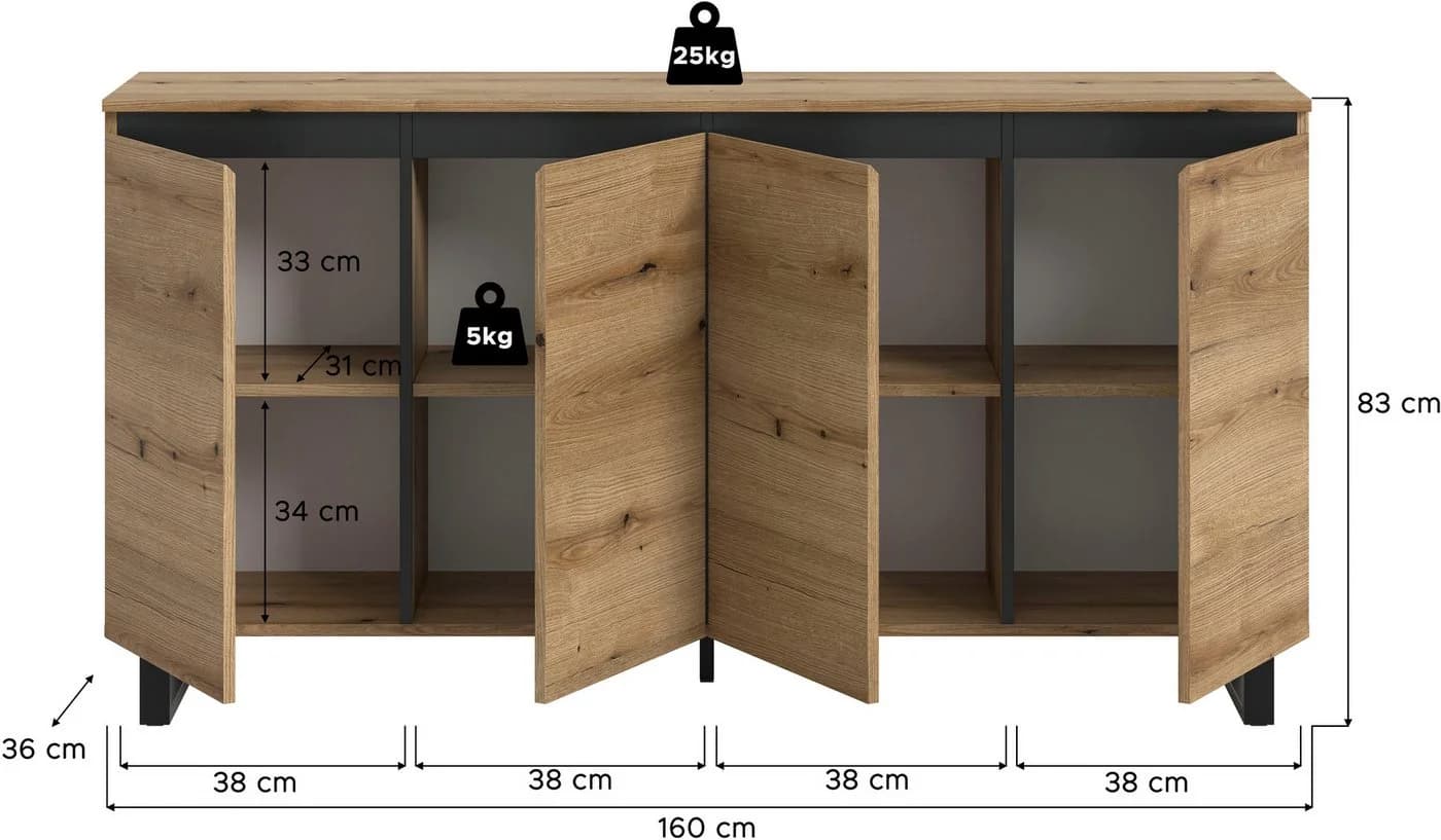 Sideboard INOSIGN TOMA 160 cm Metall-Kufen 4 Türen 4 Einlegeböden - Bild 5