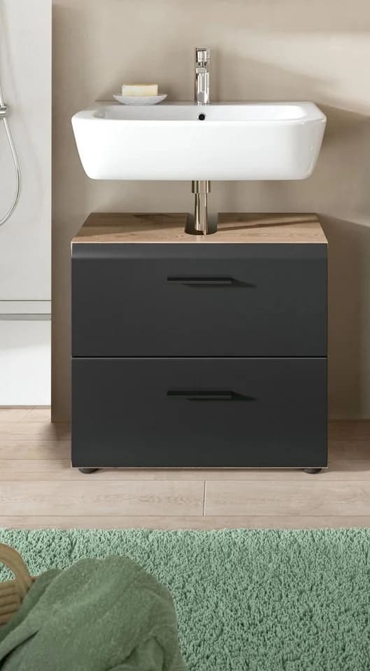 WELLTIME Waschbeckenunterschrank Florenz 60cm Schwarz Matt 2 Schubladen