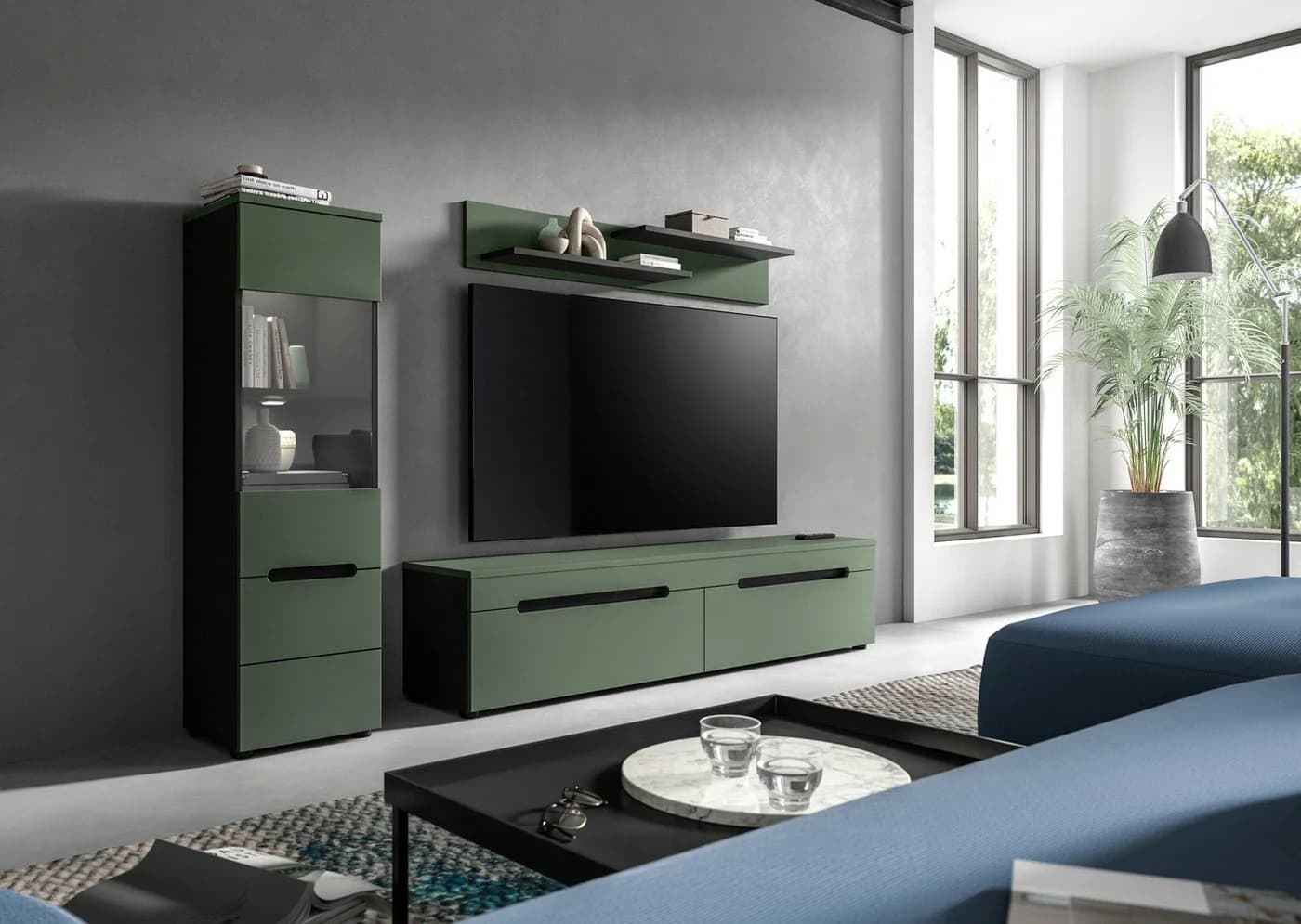 INOSIGN Vitrine REHAT 125 cm 1 Glastür 1 Boden 3 Fächer Basalt Grau Smoke Grün