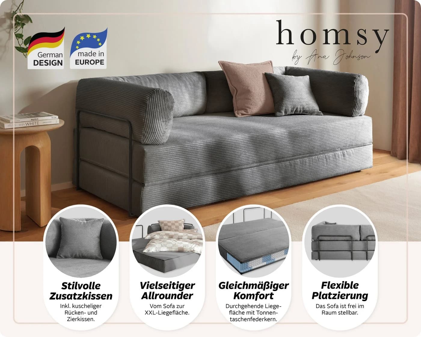 Schlafsofa Folda von homsy by Ana Johnson mit Tonnentaschenfederkern - Bild 3