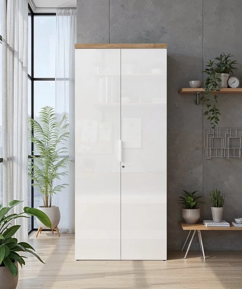 Aktenschrank INOSIGN Easy B/H 81/193 cm Büroschrank Mehrzweckschrank Weiß Hochglanz Lack Eiche Cadiz Dekor
