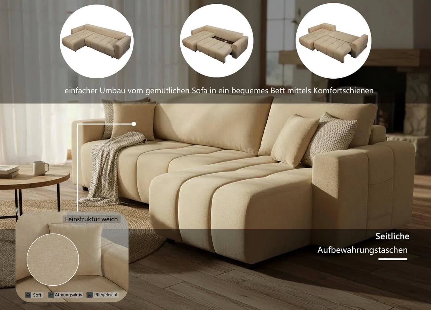 Ecksofa OTTO HOME YLVAA L-Form 241 cm Schlafsofa Beige Boxspring - Bild 3