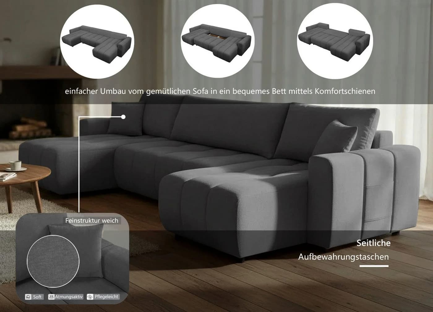 OTTO HOME Wohnlandschaft YLVAA U-Form Schlafsofa Anthrazit Boxspring - Bild 3