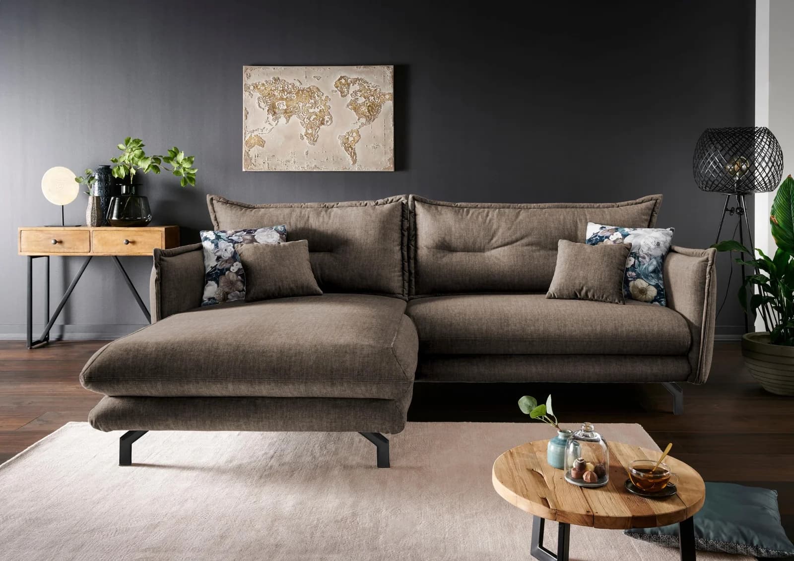 Ecksofa HOME AFFAIRE LAVA Braun/Türkis L-Form