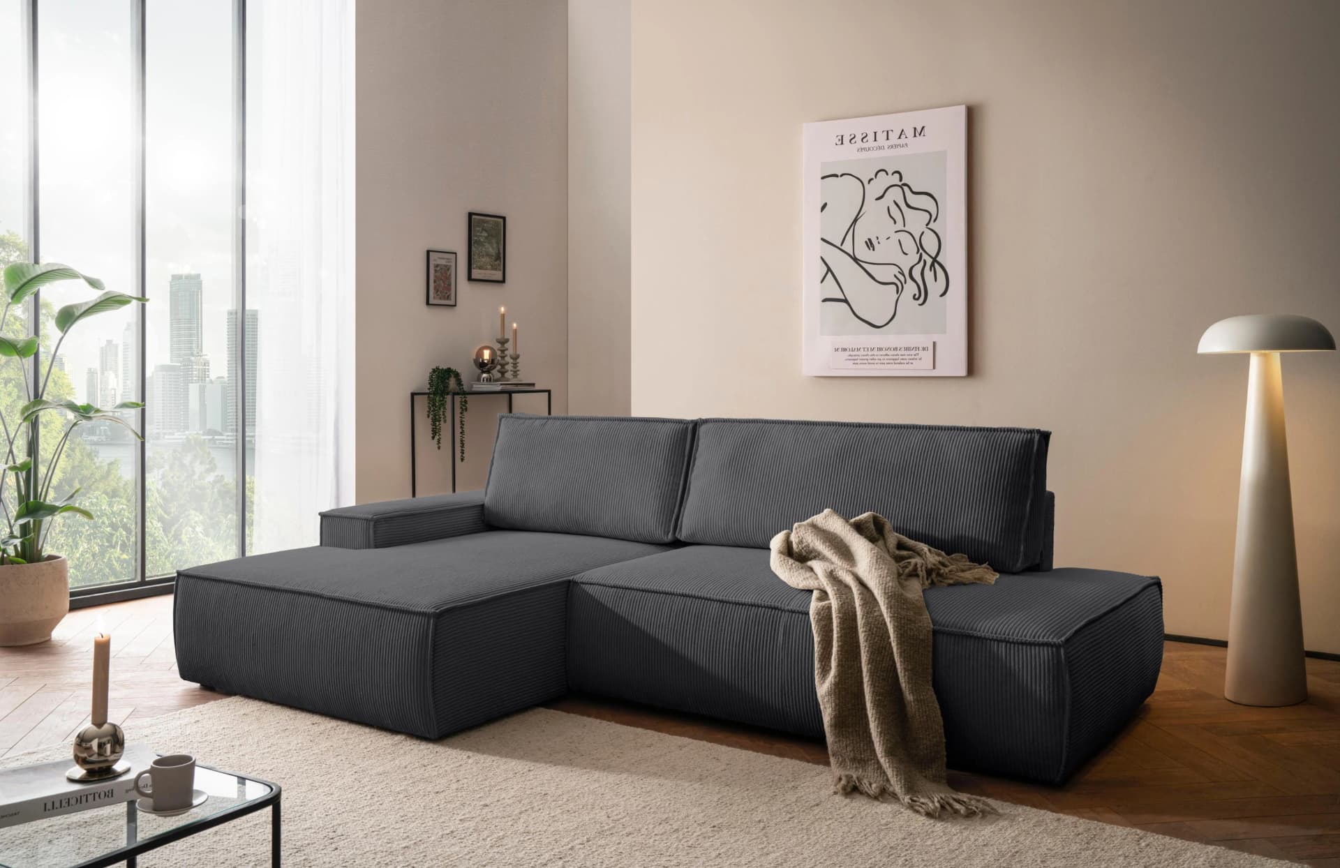 HOME AFFAIRE Ecksofa SHERWOOD Schlafsofa in L-Form Cord Anthrazit