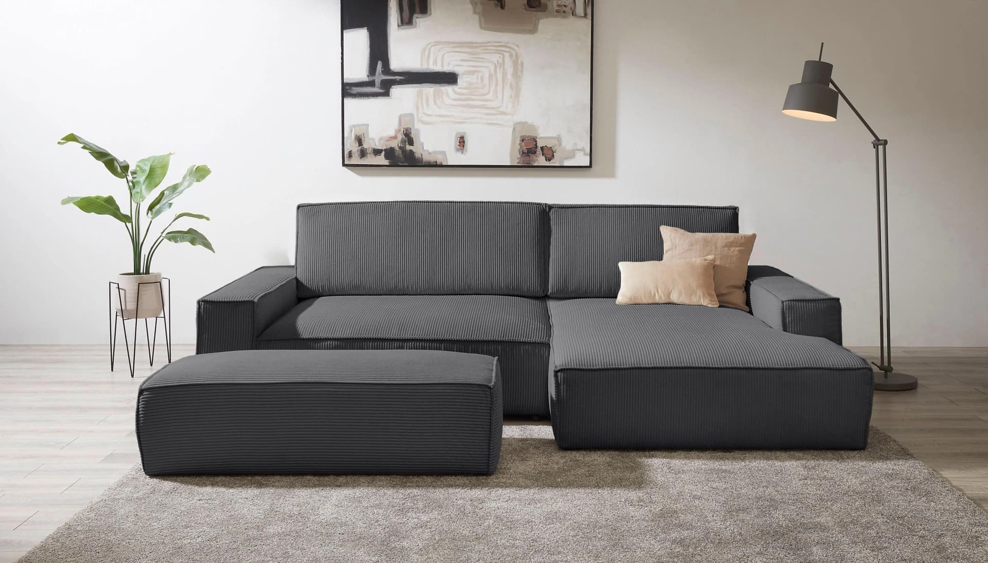 Polsterecke HOME AFFAIRE "SHERWOOD XXL tief" L-Form Cord Leinenoptik Anthrazit