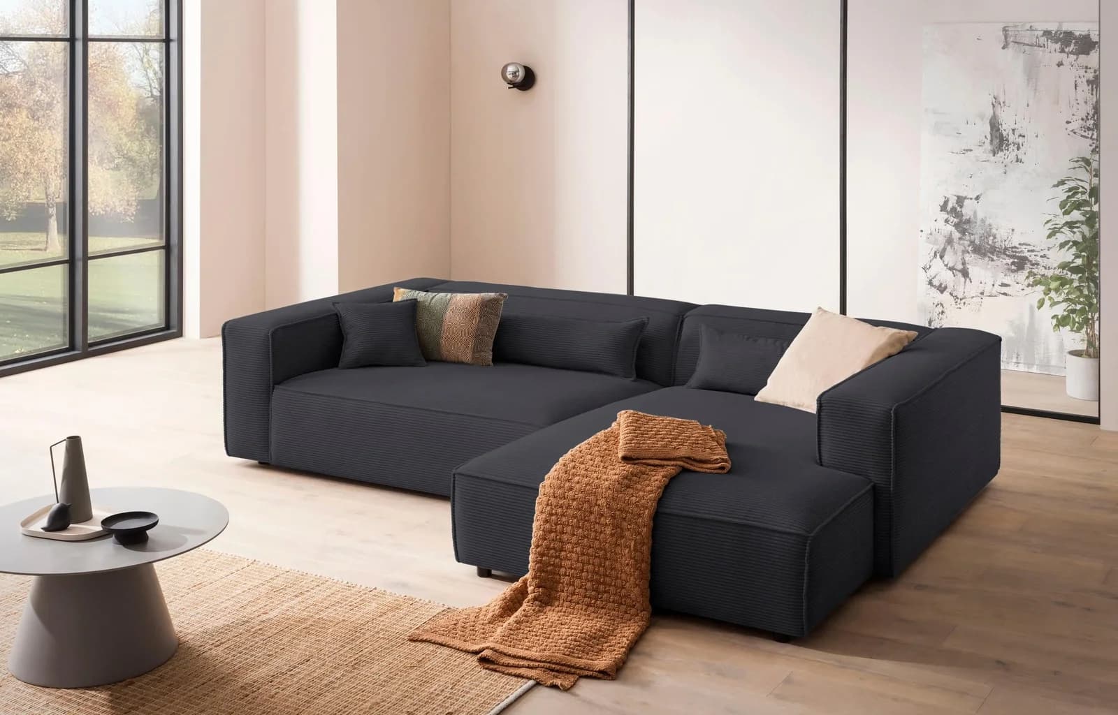 Ecksofa PIARA XXL Big-Sofa Cord Leinenoptik Anthrazit