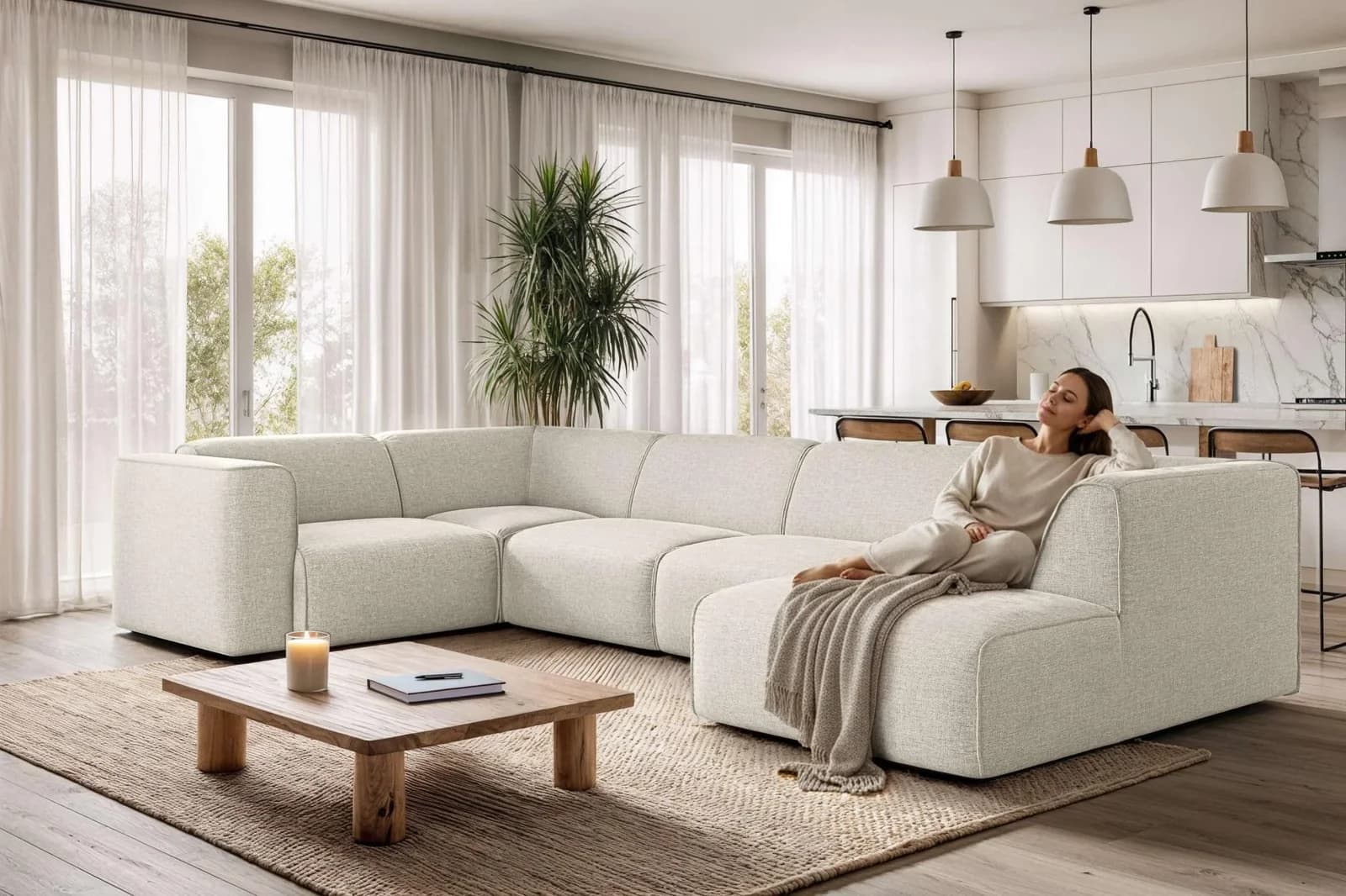 Beige Wohnlandschaft in U-Form aus Polyester und Polyätherschaum