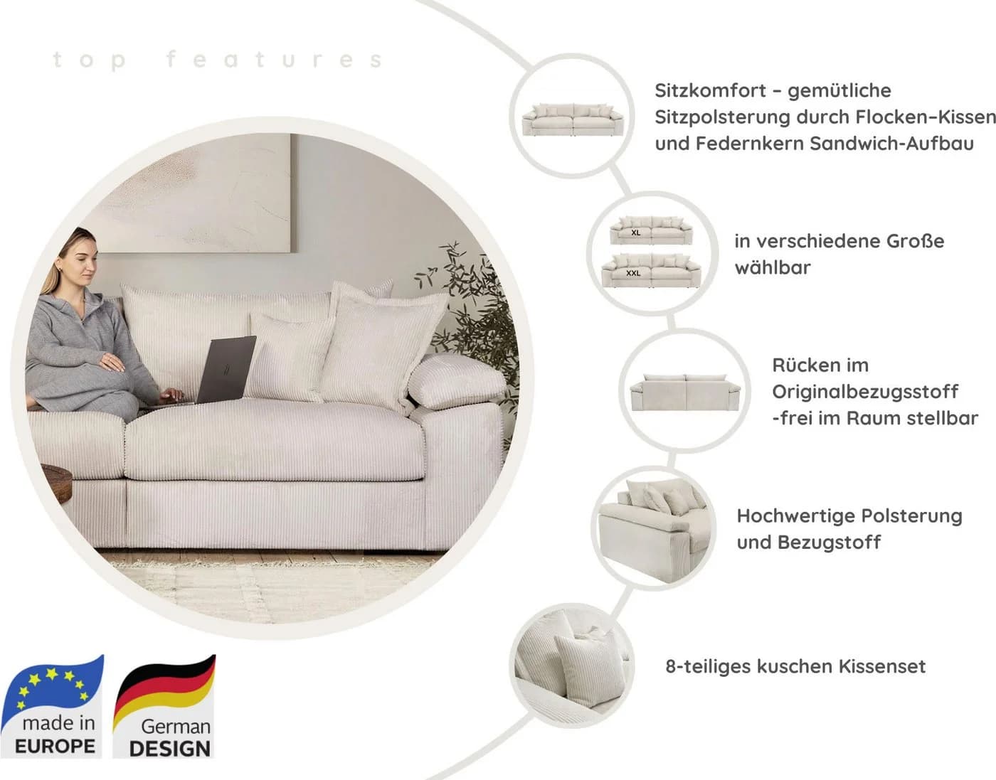 Big-Sofa Home Affaire Soft&Cosy XXL 303 cm Cord Federkern - Bild 3