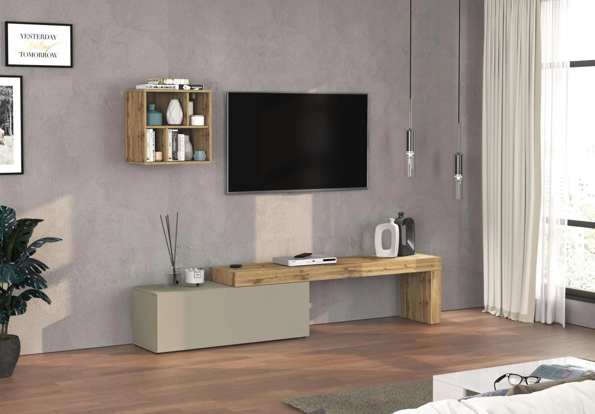 TV-Wand aus Holzwerkstoff und Metall in taube und eiche wotan
