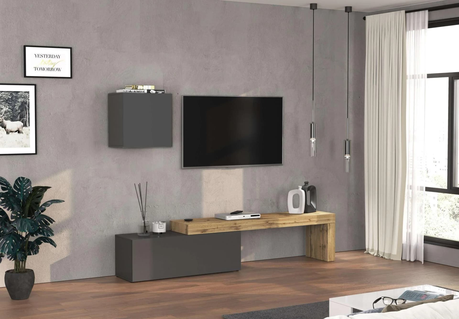 TV-Wand INOSIGN Chronos TV-Set Wohnwand Elemente frei platzierbar Anthrazit Eiche Wotan