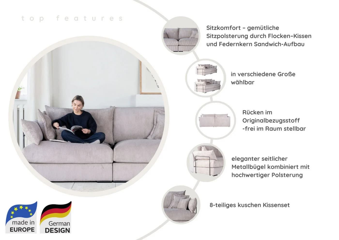 Big-Sofa HOME AFFAIRE Casa 190 cm Taupe Federkern - Bild 3