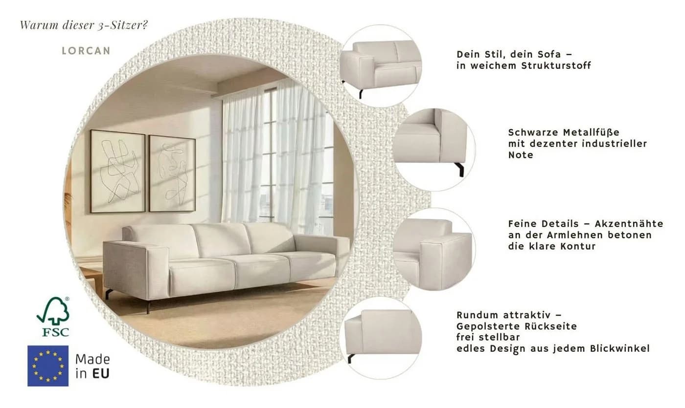 Home Affaire 3-Sitzer Sofa Lorcan 257 cm Lederoptik Natur - Bild 4