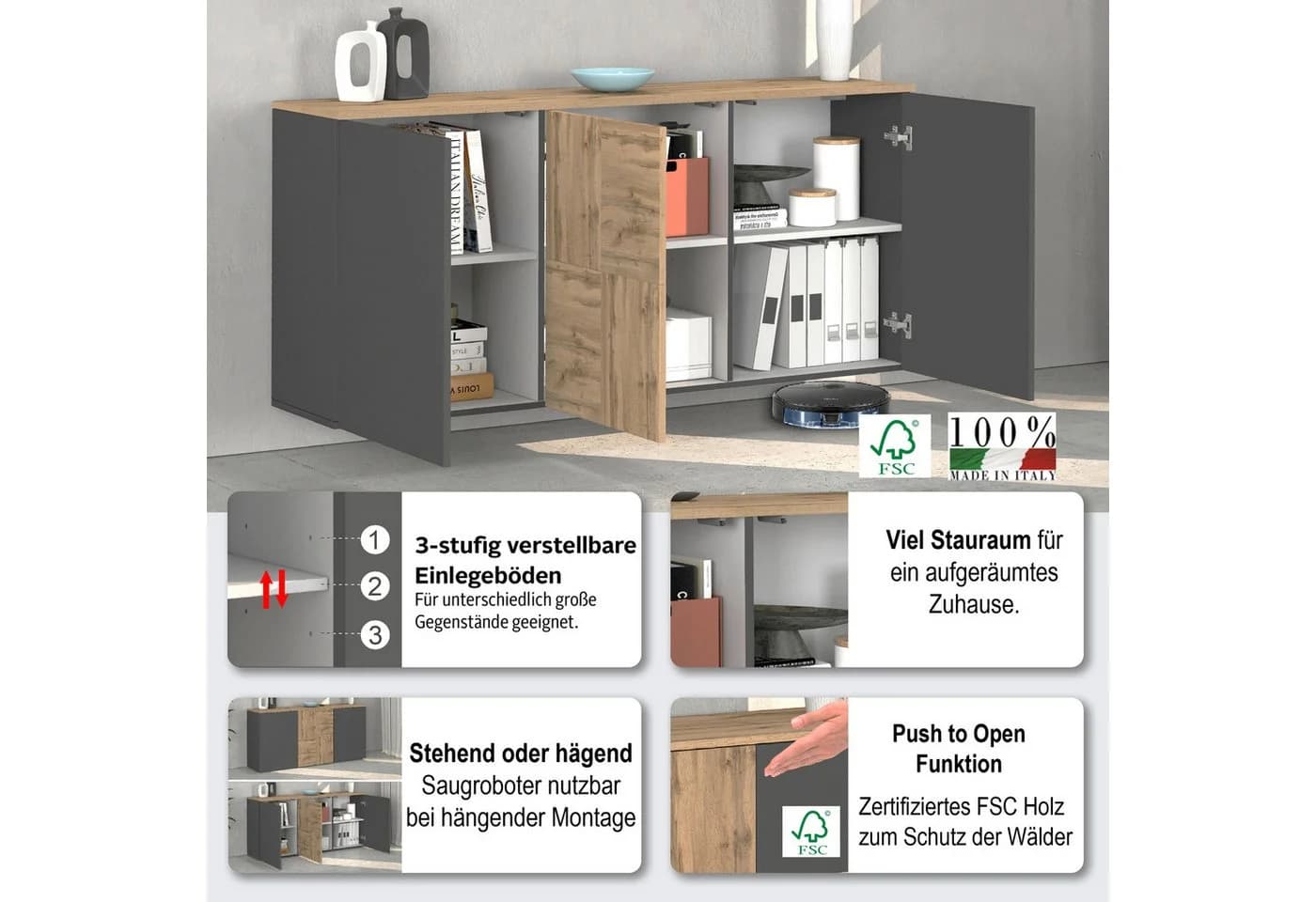 Sideboard INOSIGN ISEO Kommode Schrank Kredenz Anthrazit Eiche - Bild 3