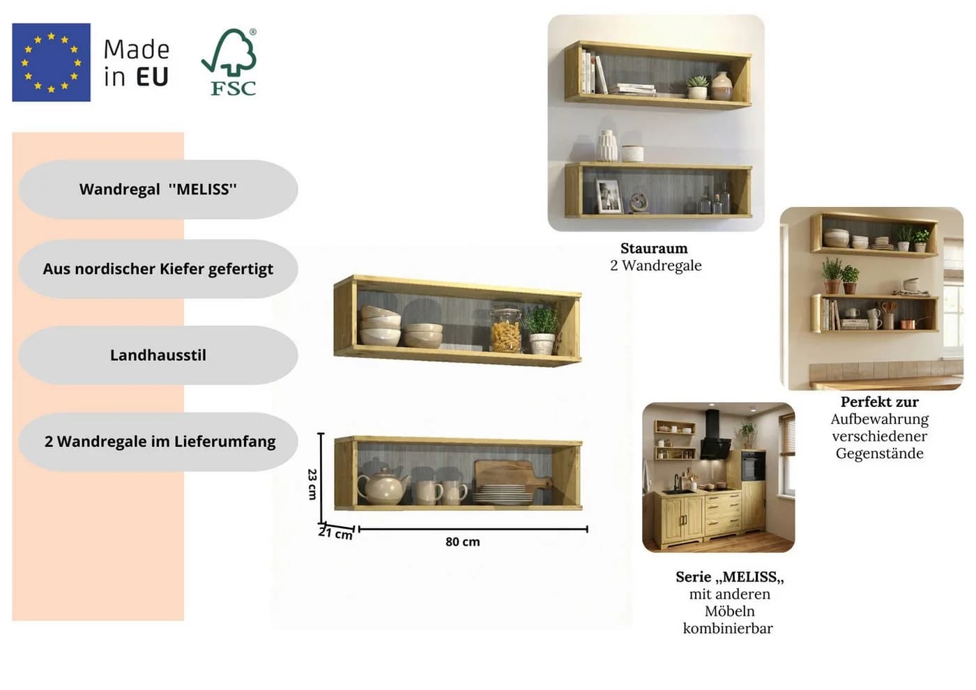 Wandregal HOME AFFAIRE "Meliss" Massivholz Kiefer - Bild 3