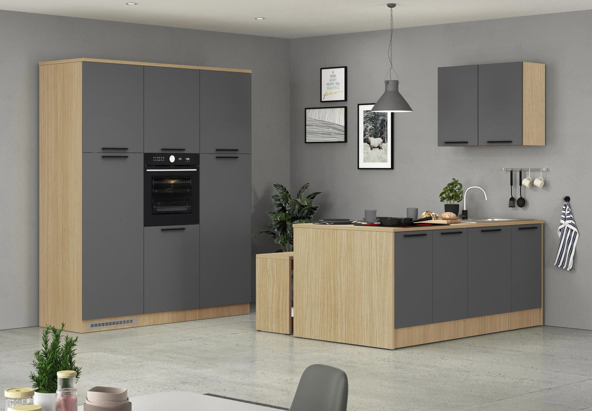 Küchenzeile Luna 380cm Grau Anthrazit Eiche Made in Italy