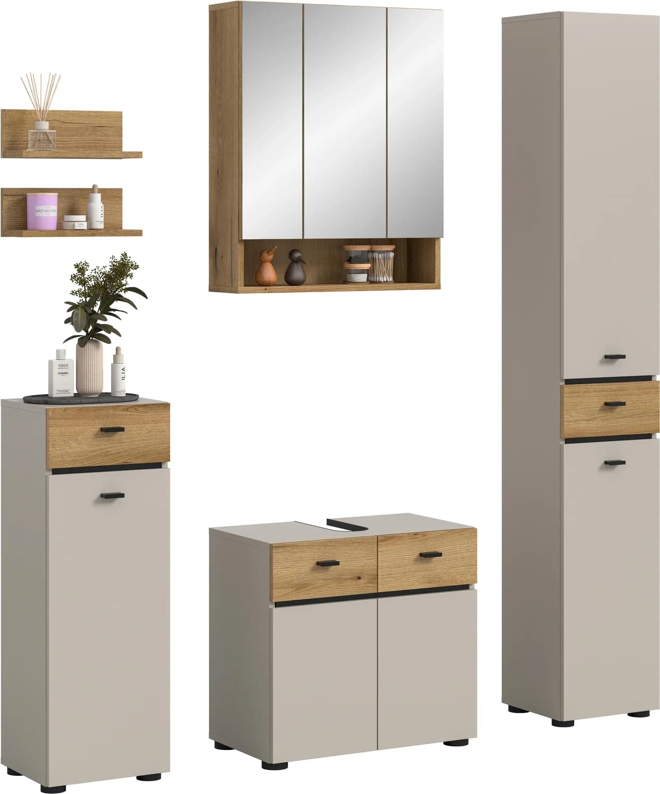 Welltime Badmöbel-Set VANN 6-teilig Modern Kaschmir Evoke Oak Nachbildung Schwarz