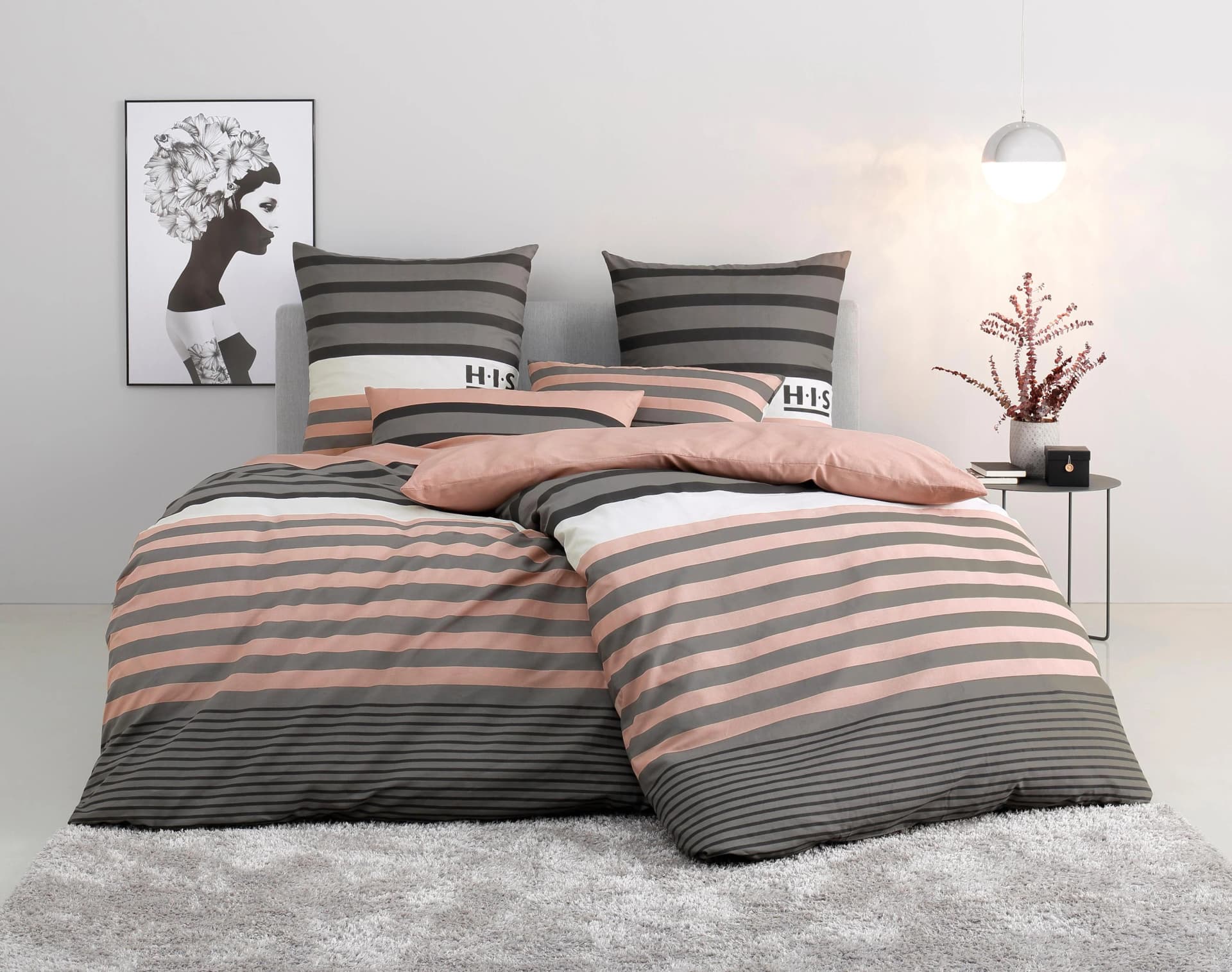 H.I.S. Bettwäsche Majoran Satin 100% Baumwolle Apricot Gestreift