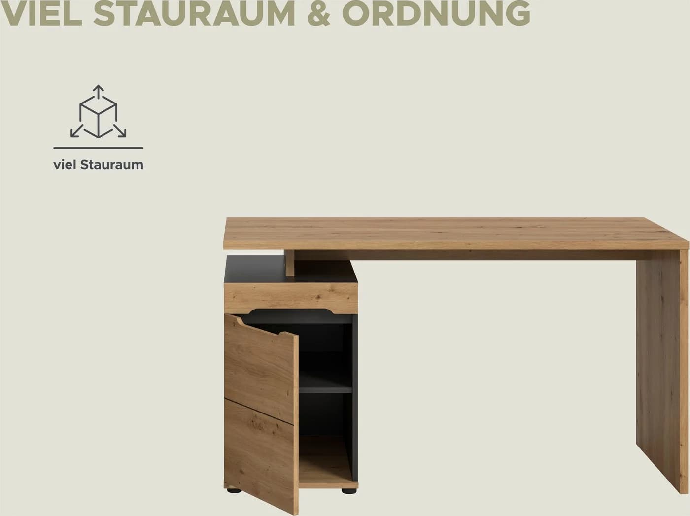 HOME AFFAIRE Schreibtisch REHAT, TOPSELLER, 138 cm, 1 Tür, 2 Fächer, 1 Einlegeboden, Basalt grau, Artisan Eiche Nachbildung - Bild 5
