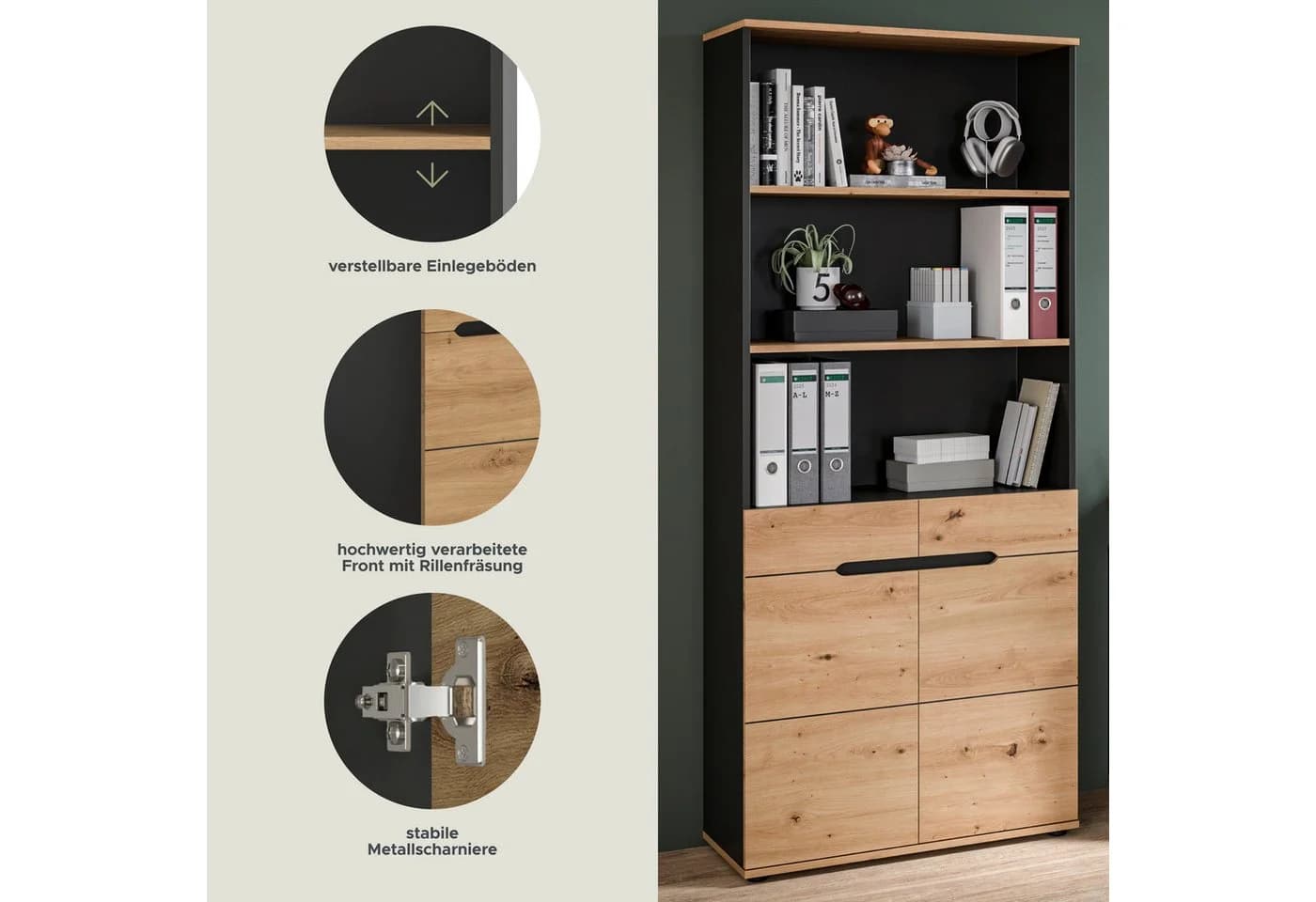 Aktenschrank Home Affaire Rehat Topseller Basalt Grau Artisan Eiche Nachbildung - Bild 3